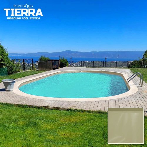 Tierra Blue Pool, 5x3x1,5 m-es ovális, süllyesztett víztükrű medence 0,8 mm-es homok színű fóliával