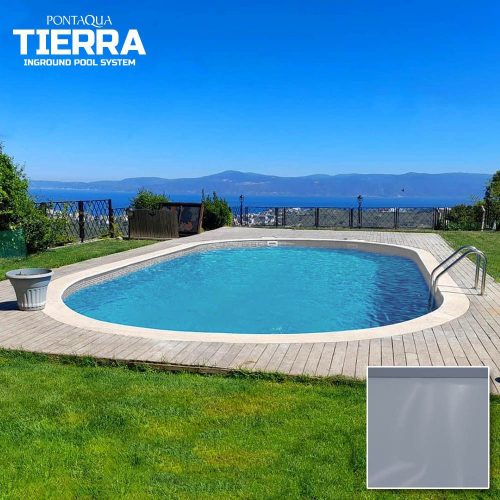Tierra Blue Pool, 7x3x1,5 m-es ovális, süllyesztett víztükrű medence 0,8 mm-es szürke színű fóliával